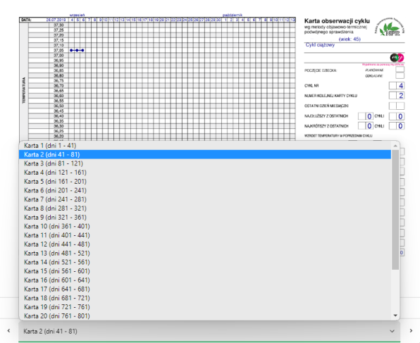 Zrzut ekranu kart cyklu dłuższego niż 40 dni